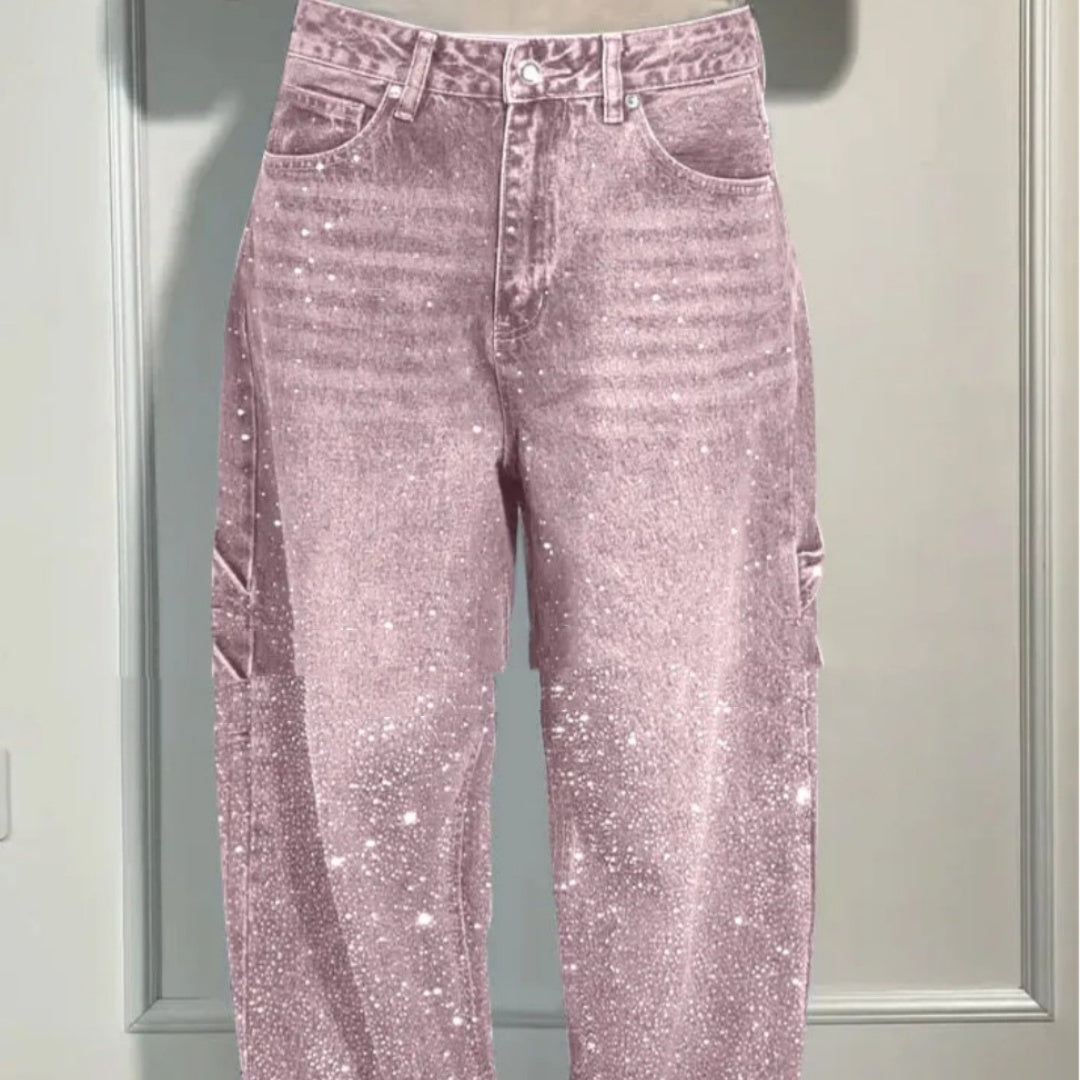 Jeans dritti lucidi con tasche tessuto glitter