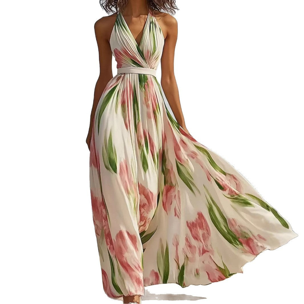 Summer V-neck fashion print long dress