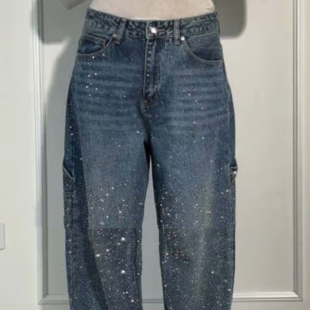 Jeans dritti lucidi con tasche tessuto glitter