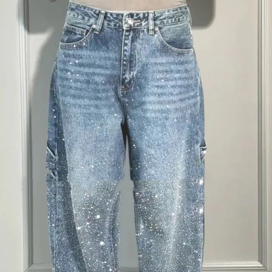 Jeans dritti lucidi con tasche tessuto glitter
