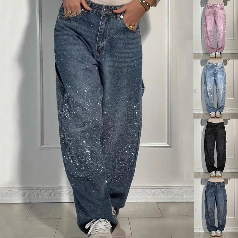 Jeans dritti lucidi con tasche tessuto glitter