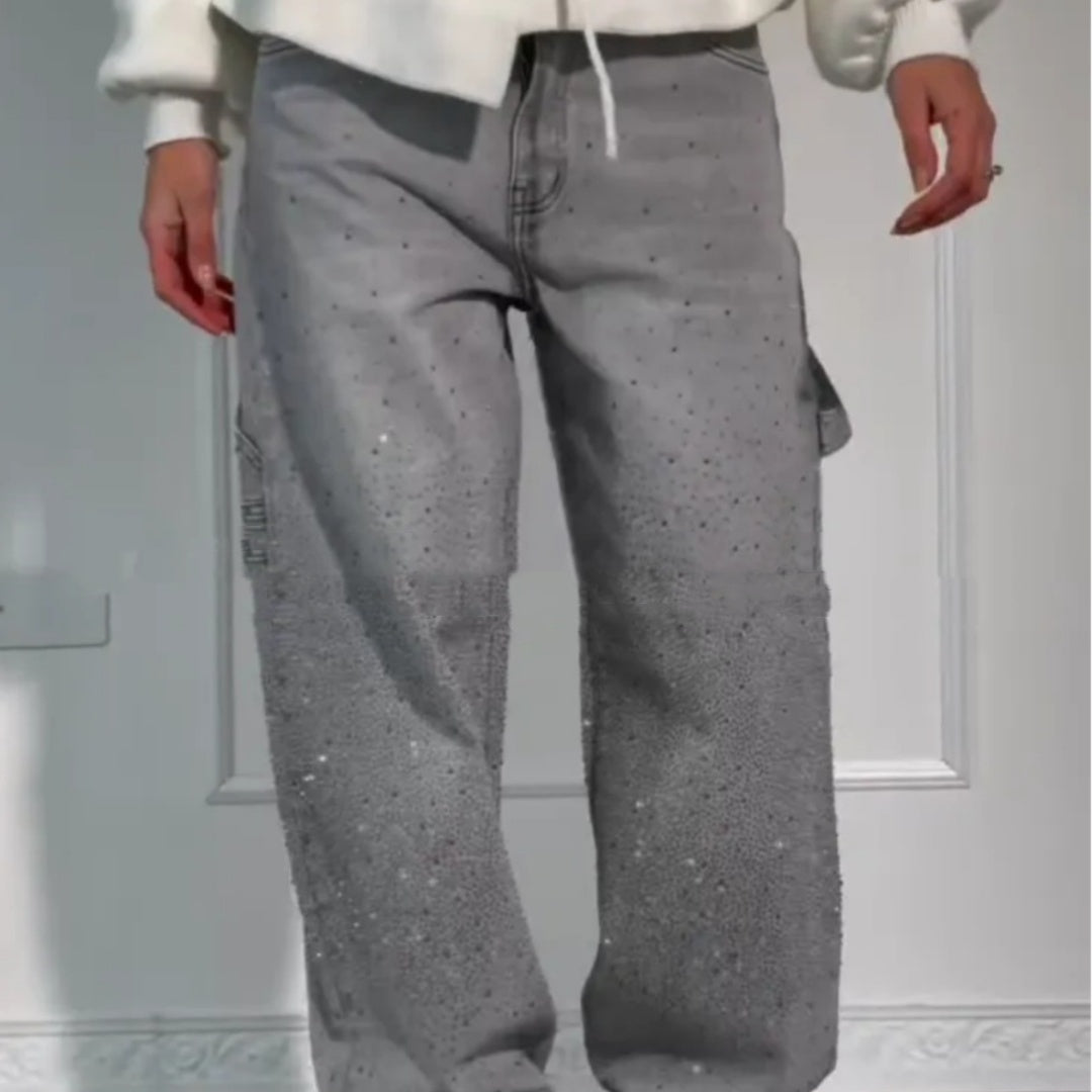 Jeans dritti lucidi con tasche tessuto glitter