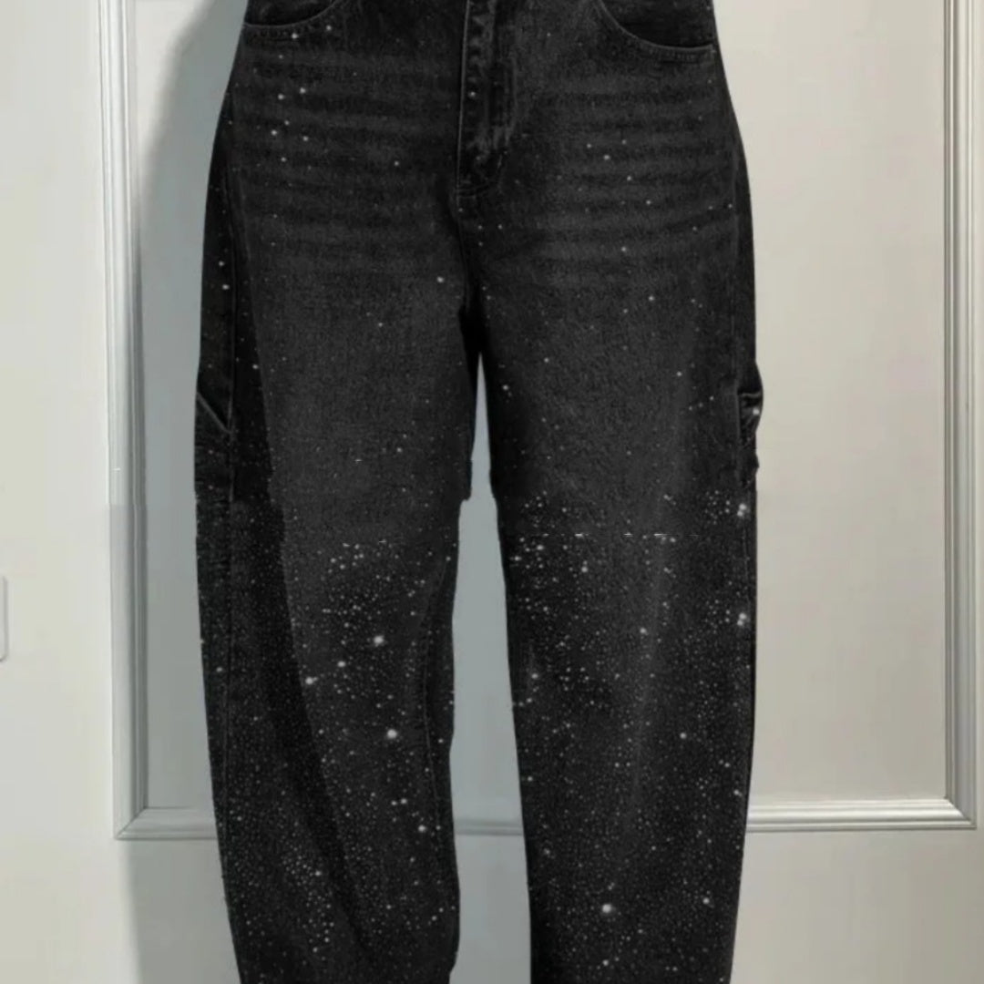 Jeans dritti lucidi con tasche tessuto glitter
