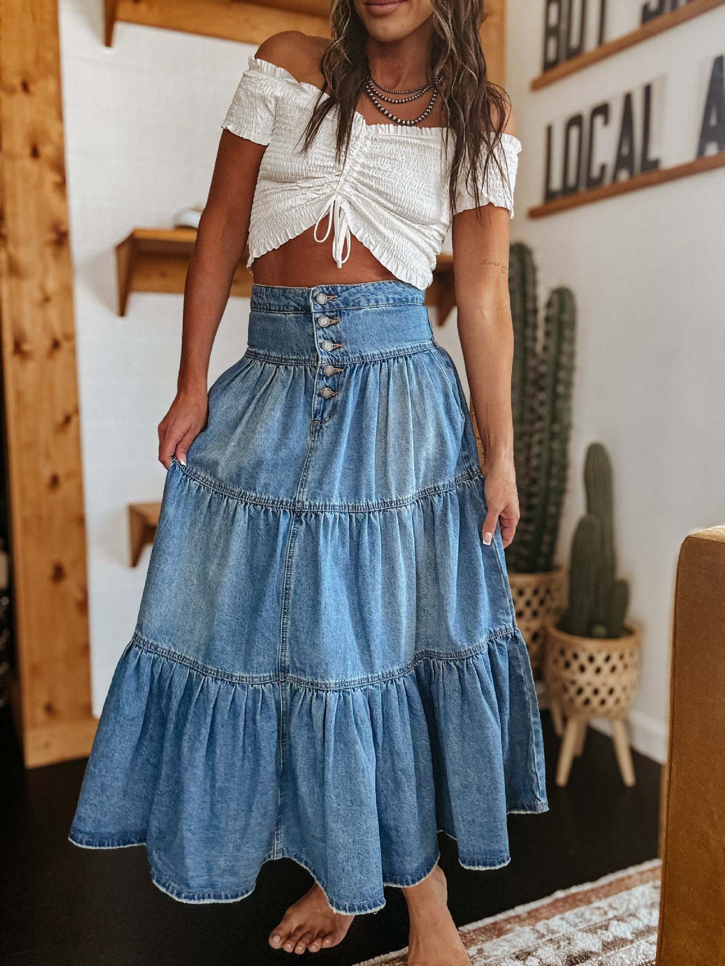 Gonna in denim a strati a trapezio in stile bohémien