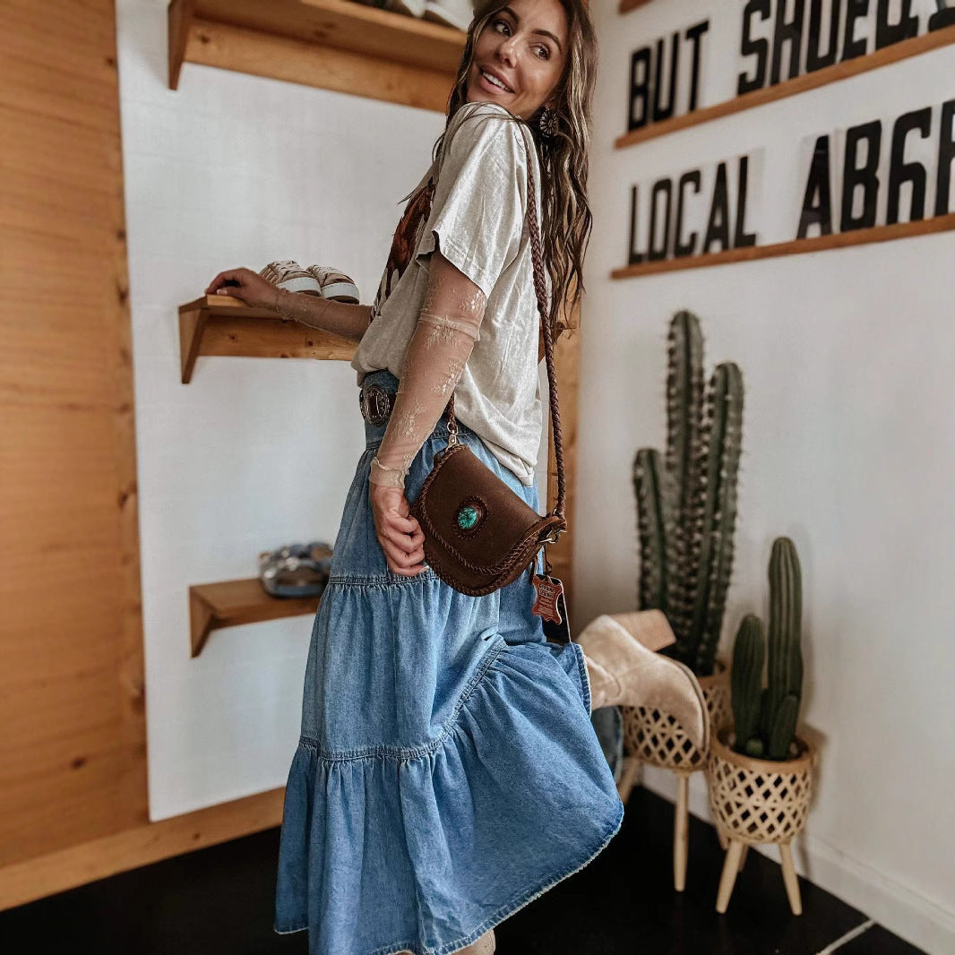 Gonna in denim a strati a trapezio in stile bohémien