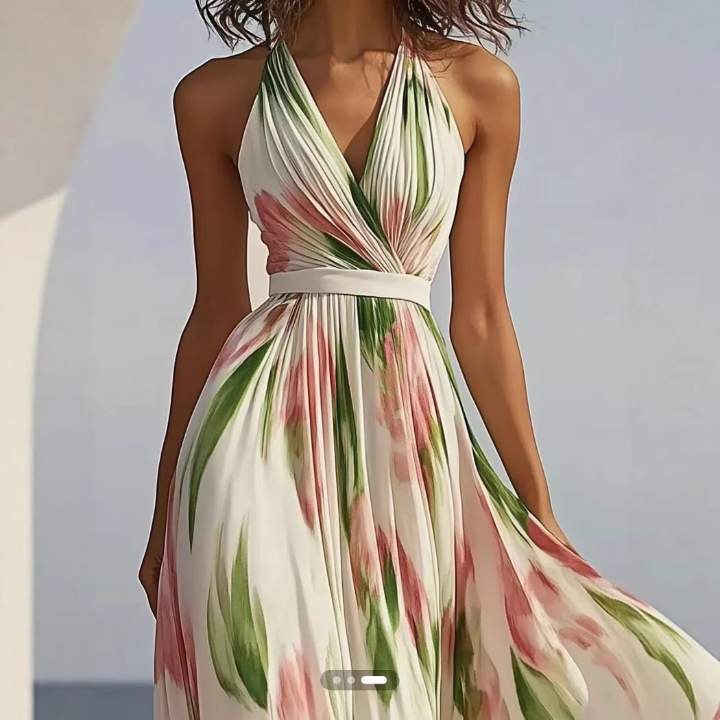 Summer V-neck fashion print long dress